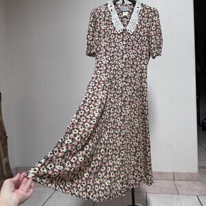 Vintage Floral Button Front Midi Dress Lace Collar Prairie Romantic Womens M